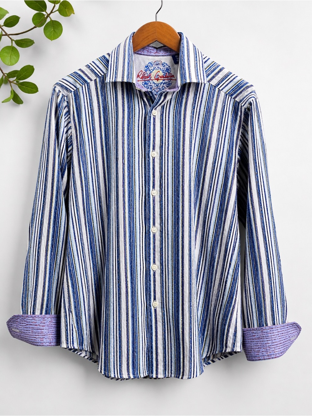 Robert Graham Blue Striped Flip Cuff Shirt Silk Trim Medium